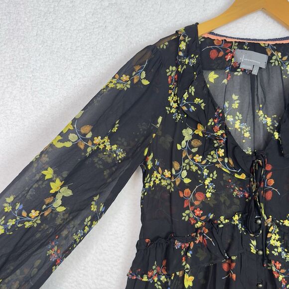 Anthropologie Jamison Tunic Top Small Black Floral Ruffle Semi Sheer Boho - Picture 4 of 12